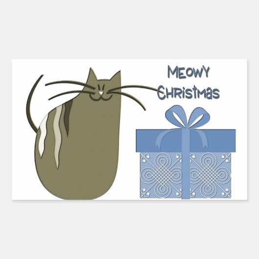 青い贈り物とミオウィクリスマスグレー猫 長方形シール (正面)