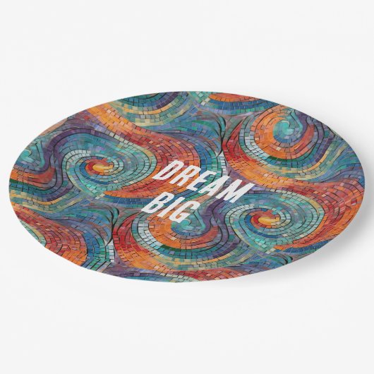 青い赤いオレンジの渦巻き ペーパープレート (アングル)