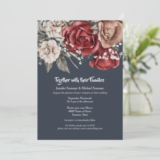 青い赤いバラの水彩花束ヴィンテージ植物 招待状 (スタンド正面)