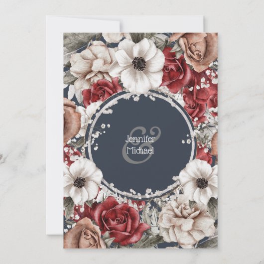 青い赤いバラの水彩花束ヴィンテージ植物 招待状 (裏面)