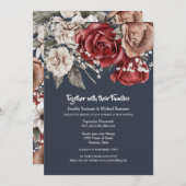 青い赤いバラの水彩花束ヴィンテージ植物 招待状 (正面/裏面)