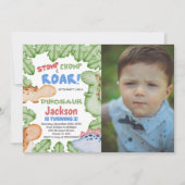青い赤い恐竜の誕生日招待状と写真 招待状 (正面)