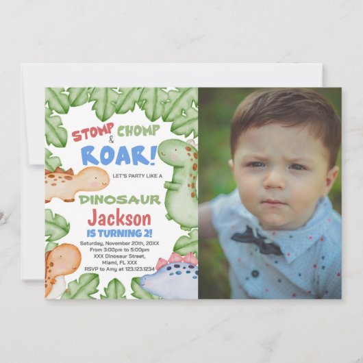 青い赤い恐竜の誕生日招待状と写真 招待状 (正面)