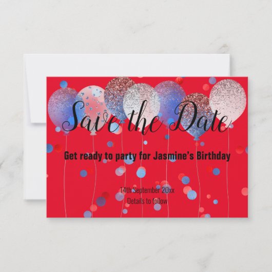 青い赤い点の風船 赤い SAVE THE DATE 出欠カード (正面)