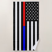 青い赤い細線警察消防隊usa ビーチタオル (正面)