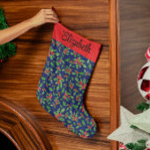 青い赤い緑のホリ離れー名前をカスタムする、ベリー ラージクリスマスストッキング