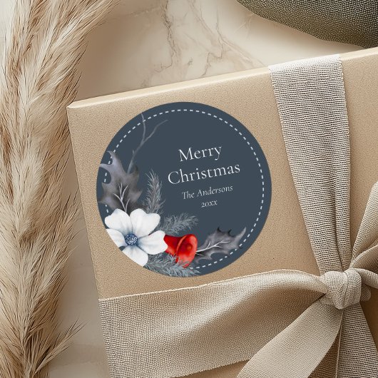 青い赤い銀色の葉クリスマスギフトステッカー ラウンドシール