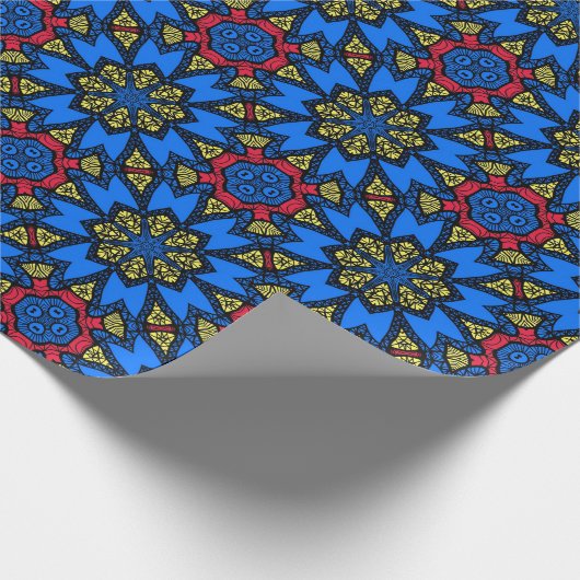 青い赤い黄色のアフリカの部族の民族模様 ラッピングペーパー (角)