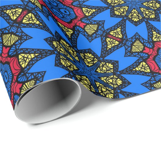 青い赤い黄色のアフリカの部族の民族模様 ラッピングペーパー (ロールコーナー)