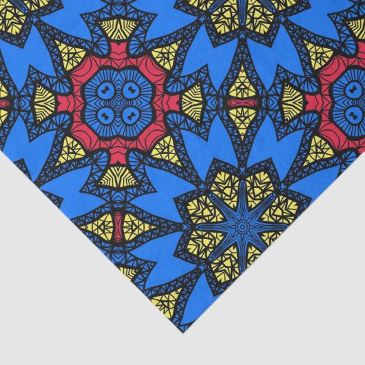 青い赤い黄色のアフリカの部族の民族模様 薄葉紙 (詳細)