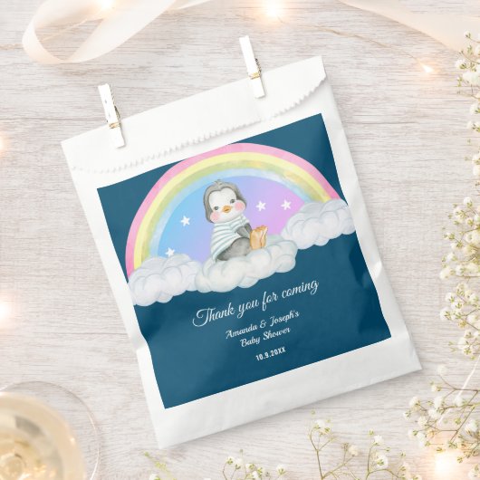 青い赤ちゃんシャワーかわいいペンギン動物 フェイバーバッグ (クリップ留めされた状態)