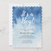 青い赤ちゃんシャワー。男の子だ。水色モダン 招待状 (正面)