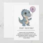 青い赤ちゃん恐竜の紫風船誕生日 招待状 (正面/裏面)