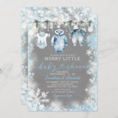 青い赤ちゃん服ホワイトスノーフレーク赤ちゃんシャワー 招待状 (正面/裏面)