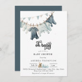 青い赤ちゃん服 |水彩男の赤ちゃんシャワー 招待状 (正面/裏面)