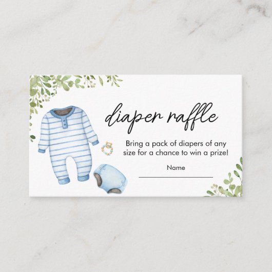 青い赤ちゃん衣赤ちゃんシャワーおむつラッフル エンクロージャーカード (正面)