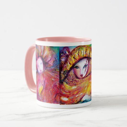 青い赤と黄色の3つのカーニバルマスク マグカップ (正面左)