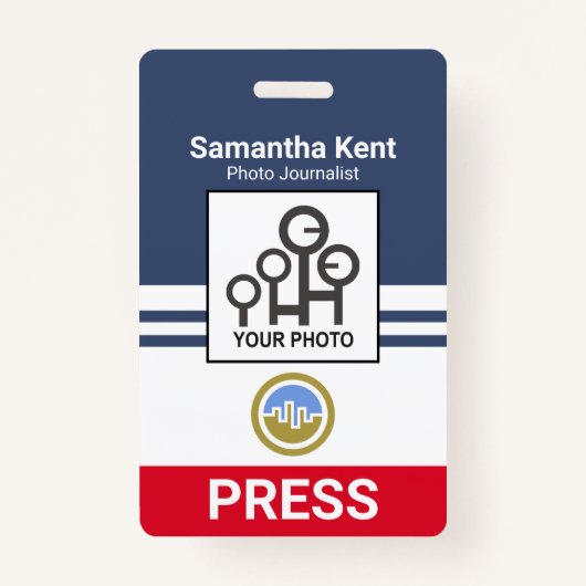 青い赤のストライプ列写真テンプレートプレスID バッジ (正面)