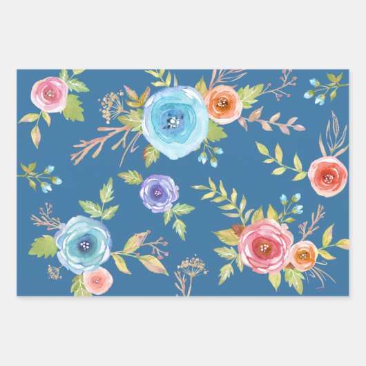 青い赤の国エレガントのフローラ水の色シック ラッピングペーパーシート (正面)