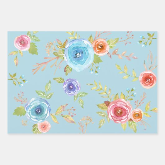 青い赤の国エレガントのフローラ水の色シック ラッピングペーパーシート (正面3)