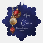 青い赤の白いバウブルクリスマス オーナメントカード (正面)