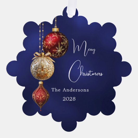 青い赤の白いバウブルクリスマス オーナメントカード (正面)