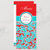 青い赤の白いフローラダマスクのメニューカード メニュー (正面/裏面)