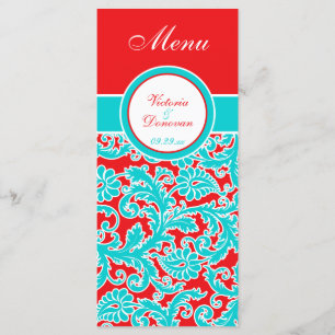 青い赤の白いフローラダマスクのメニューカード メニュー