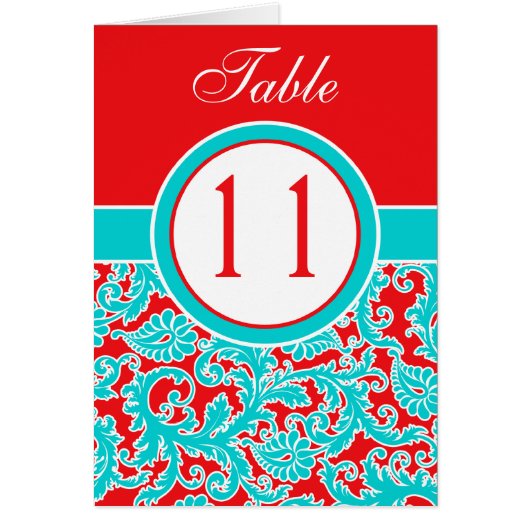青い赤の白のダマスクのテーブル番号カード (正面)
