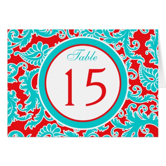 青い赤の白のダマスクのテーブル番号カード (正面横)