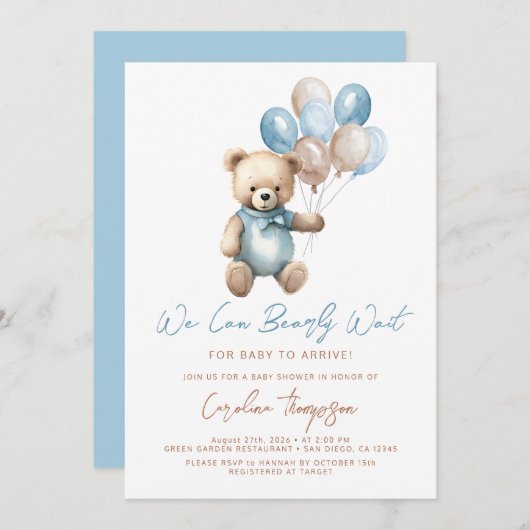 青い赤ん坊のシャワーを待つことができる 招待状 (正面/裏面)