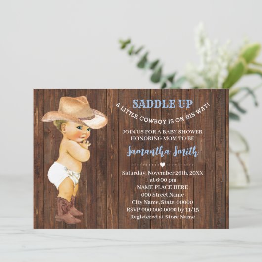 青い赤ん坊のシャワーを途中の小さなカウボーイ 招待状 (スタンド正面)
