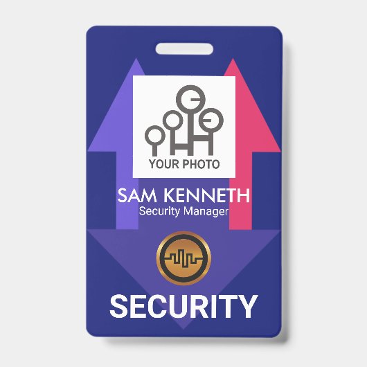 青い赤スタイリッシュい矢印セキュリティ写真テンプレート バッジ (正面)