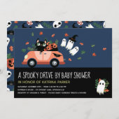 青い赤不気味ちゃんシャワーでかわいいハロウィーンのドライブ 招待状 (正面/裏面)