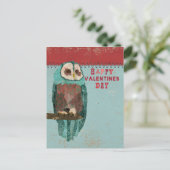 青い赤面のフクロウのバレンタインデーの郵便はがき シーズンポストカード (スタンド正面)