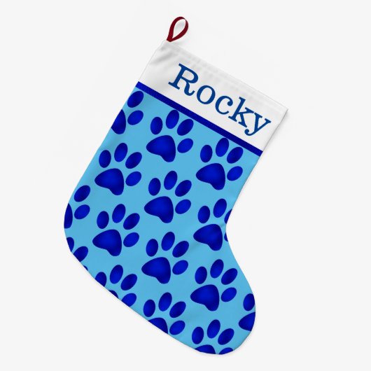 青い足跡が青い背景に ラージクリスマスストッキング (正面 (吊り時))