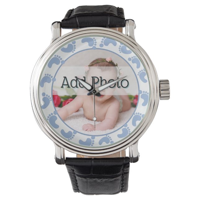 青い足跡の写真男の赤ちゃん 腕時計 (正面)