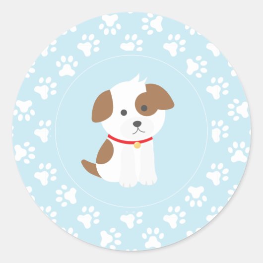 青い足跡の子犬の誕生日パーティーステッカー ラウンドシール (正面)