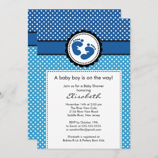 青い足跡の男の子のベビーシャワーの招待状 招待状 (正面/裏面)
