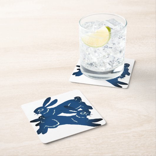 青い跳躍うさぎはっきりしたの動物柄 スクエアペーパーコースター (インサイチュ)