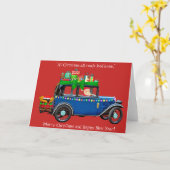 青い車のクリスマス カード (黄色い花)