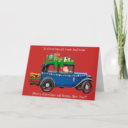 青い車のクリスマス カード (正面)