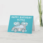 青い車のレーシングフラッグ少年誕生日カード カード (正面)