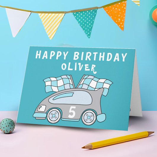 青い車のレーシングフラッグ少年誕生日カード カード