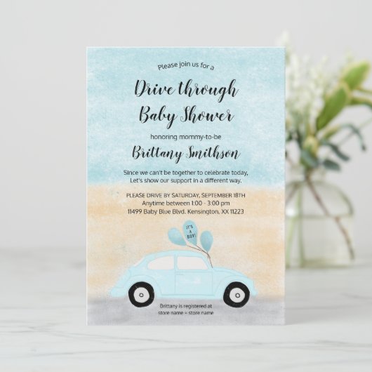 青い車の赤ちゃんシャワーを通ってドライブ 招待状 (スタンド正面)