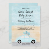 青い車の赤ちゃんシャワーを通ってドライブ 招待状 (正面/裏面)