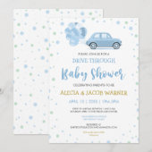 青い車の風船を通って男の子の赤ちゃんシャワーを運転 招待状 (正面/裏面)