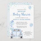 青い車の風船 ベビーシャワー 招待状 (正面/裏面)