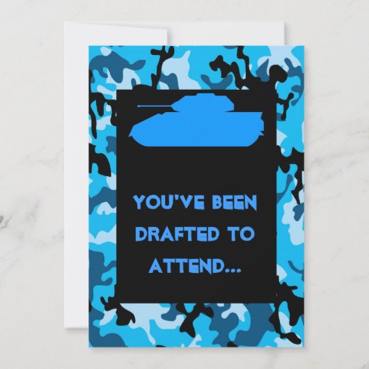青い軍隊のカムフラージュのバースデーパーティ招待状 招待状 (裏面)