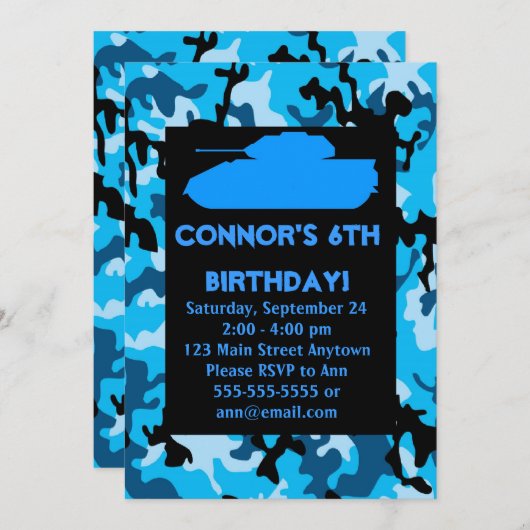 青い軍隊のカムフラージュのバースデーパーティ招待状 招待状 (正面/裏面)